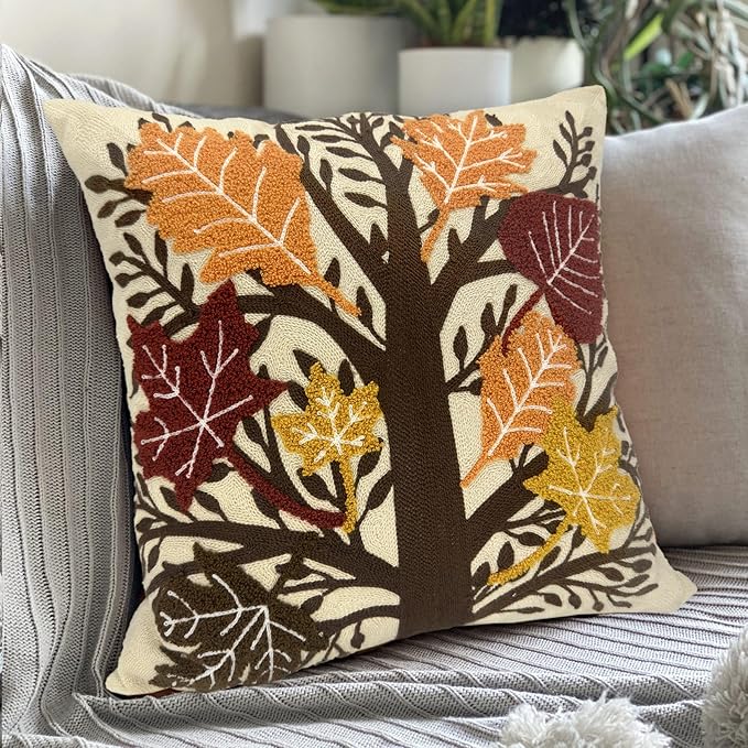 CozyNest Decor Alysheer embroidered fall throw pillow cover with tufted maple leaves design in orange cotton canvas for sofa or bed decor