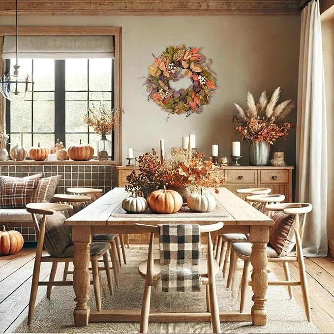 Handmade 24-inch fall wreath with artificial autumn leaves, pinecones, berries, and wheat for farmhouse door or wall decor.