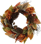 CozyNest Decor 24-inch artificial fall magnolia leaf vine wreath with orange leaves, berries, and pinecones for door or wall decor.