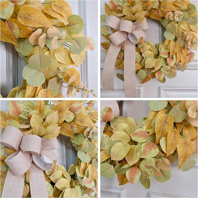 Fall wreath for front door featuring faux autumn leaves and bow, 24 inches, cozy farmhouse decor for indoor or outdoor use