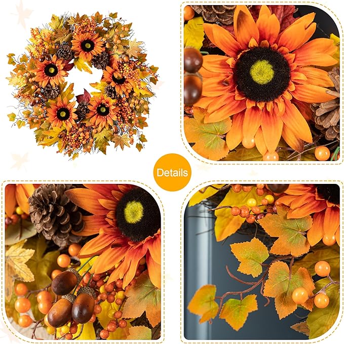 CozyNest Decor 24-inch autumn wreath with orange sunflowers, maple leaves and berries, perfect for front door or fall decor.