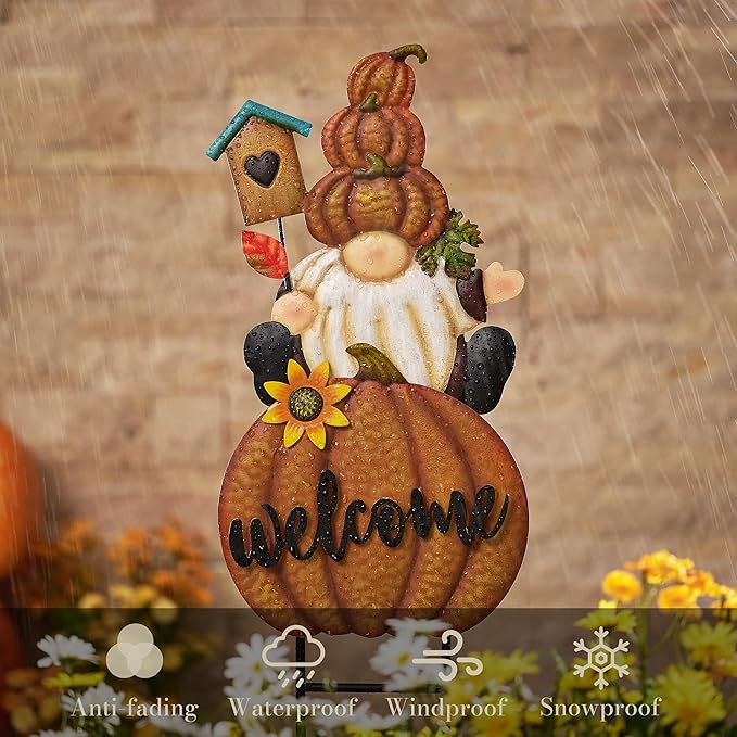 CozyNest Decor fall gnome pumpkin garden stake with metal welcome sign, orange autumn yard decor for outdoor Thanksgiving.