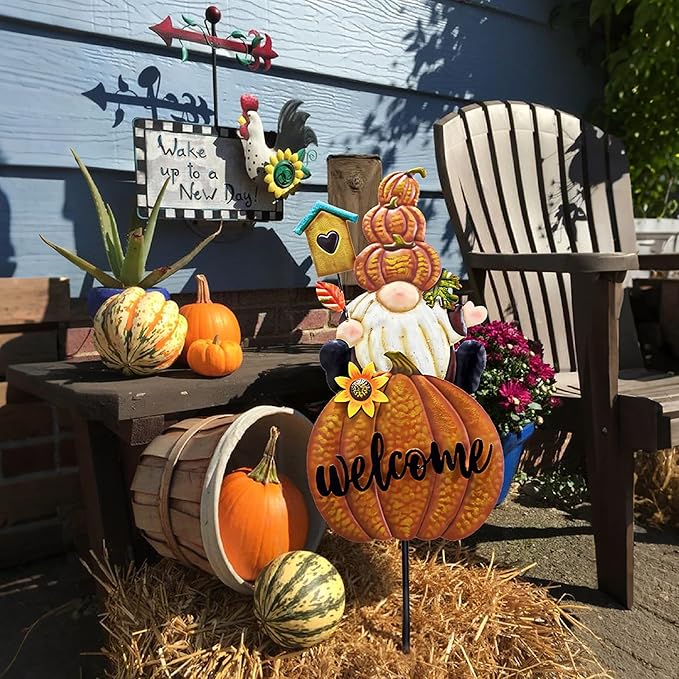 CozyNest Decor Fall gnome pumpkin garden stakes with metal welcome signs, orange autumn yard decor for outdoor Thanksgiving.