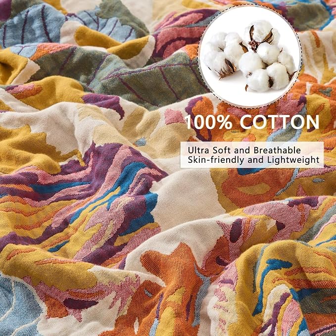 Colorful boho throw blanket for bed, lightweight reversible quilt with floral and bird patterns, queen size, ultra soft cotton fabric.