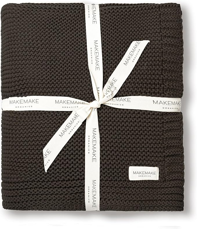 CozyNest Decor MakeMake Organics organic cotton throw blanket in charcoal grey with knit texture, large size for couch or bed.