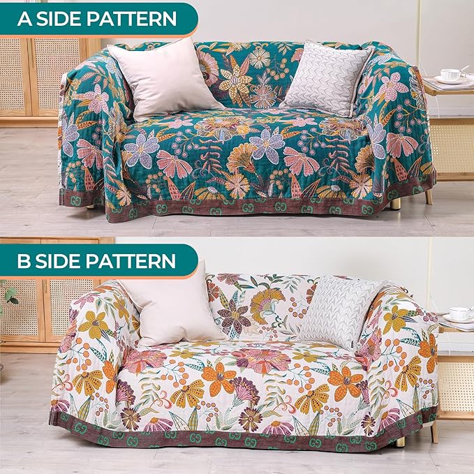 CozyNest Decor boho rustic cotton throw blanket with floral design, reversible for sofa or bed, 60x80 inches, white, all-season use