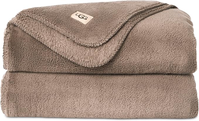 CozyNest Decor UGG Whitecap plush fleece throw blanket in light fawn brown, lightweight, soft, washable for couch or bed decor.