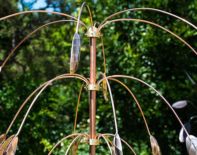 CozyNest Decor Stanwood Wind Sculpture kinetic copper triple spinner with falling foliage design, outdoor garden wind spinner artwork