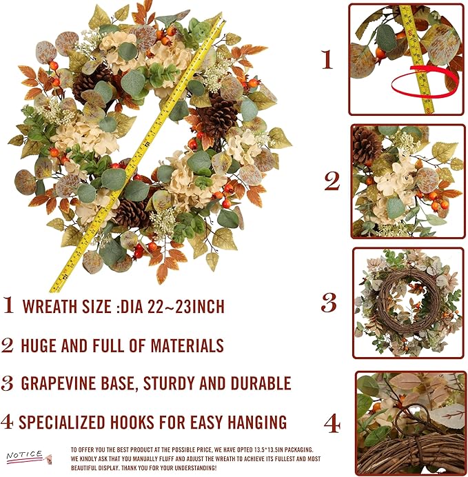 CozyNest Decor 22-inch fall hydrangea wreath with eucalyptus, pinecones, and orange berries, perfect for autumn door decor.