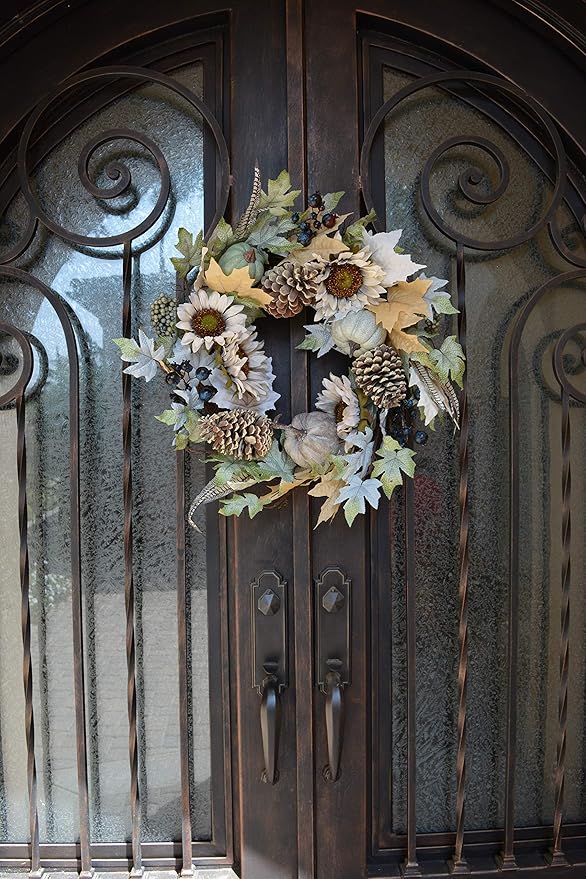 CozyNest Decor 24-inch rustic white fall wreath with artificial pumpkins and sunflowers, ideal for farmhouse door or outdoor decor.