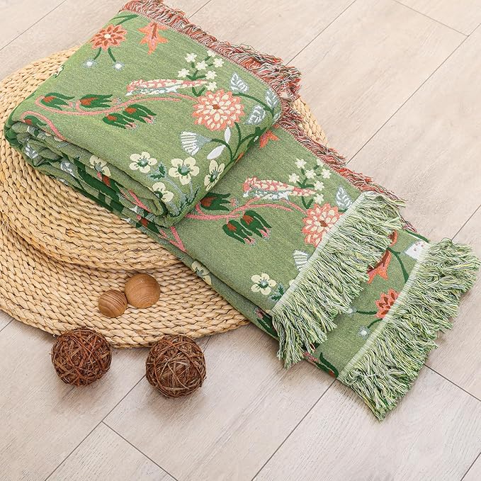 CozyNest Decor boho cotton throw blanket with floral and animal prints, large rustic quilt for bed, sofa, or chair, 90x98 inches.