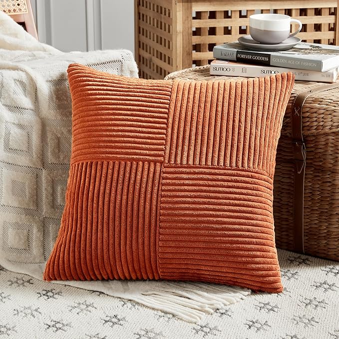Set of 2 burnt orange boho throw pillow covers with textured corduroy patchwork, 20x20 inches, cozy farmhouse decor.
