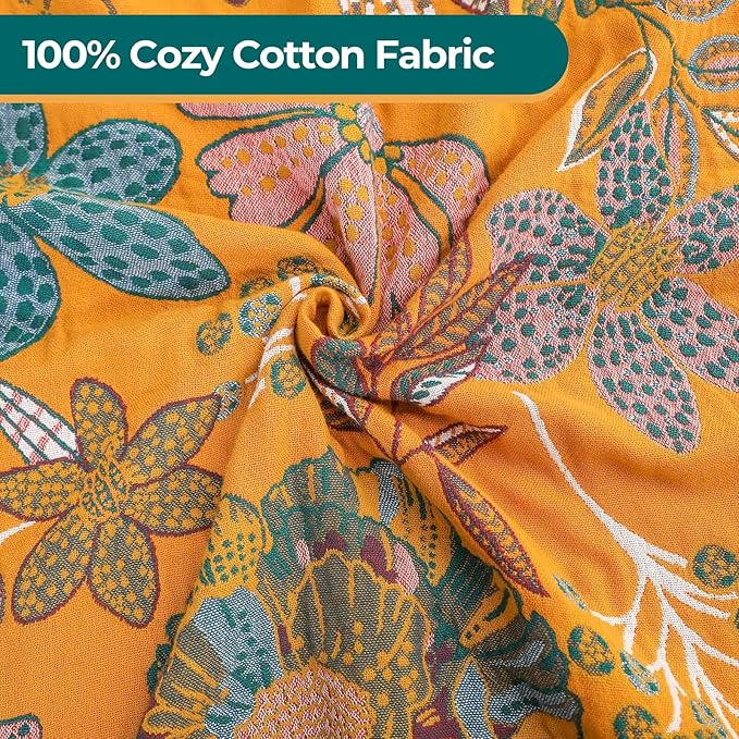Reversible cotton throw blanket by CozyNest Decor with vintage bohemian floral design in yellow and green, 90x98 inches.