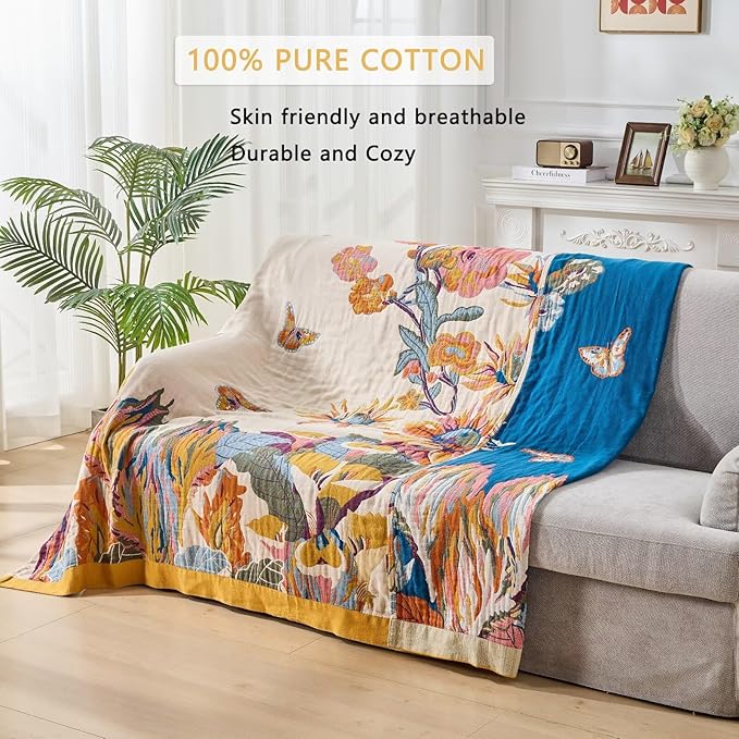 Colorful boho floral bird throw blanket for bed, lightweight reversible quilt in queen size, cozy cotton fabric, all-season design.