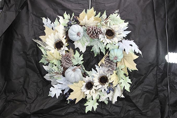 CozyNest Decor 24-inch artificial pumpkin sunflower fall wreath with rustic white accents, perfect for farmhouse decor indoors or outdoors.