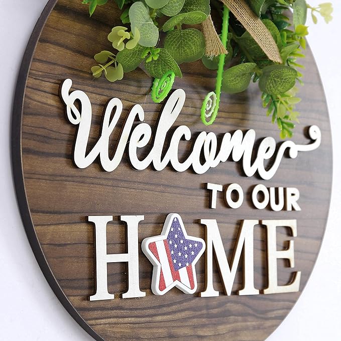 Rustic round wood wreath with seasonal welcome sign, perfect for farmhouse front door decoration for spring, summer, fall, and holidays