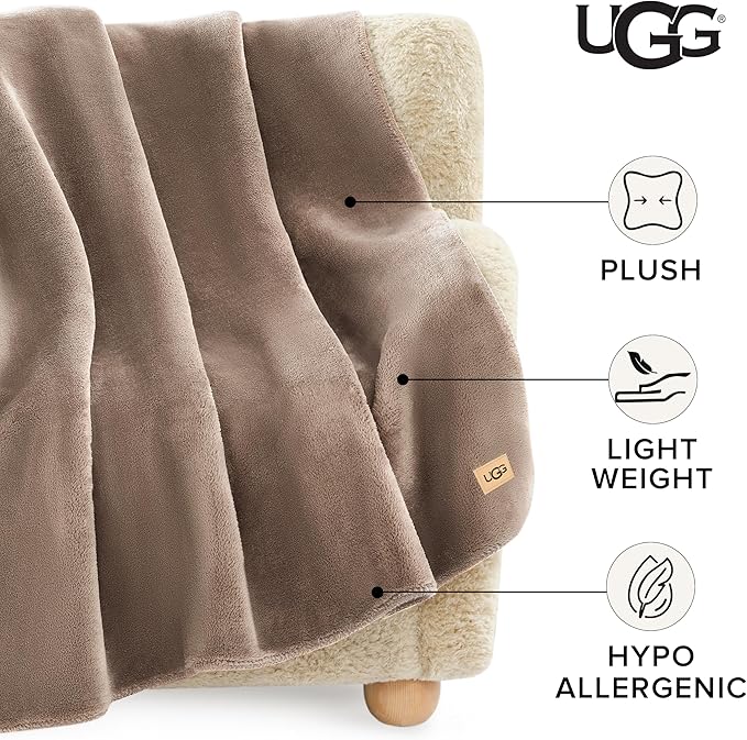 CozyNest Decor white plush throw blanket, lightweight fleece, soft and washable, ideal for couch or bed decor in light fawn brown.