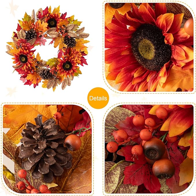 CozyNest Decor 24-inch artificial fall wreath with sunflowers, pinecones, and berries for front door or holiday decor