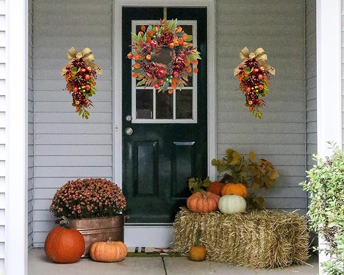 CozyNest Decor 22-inch fall chrysanthemum wreath with apples, pinecones, berries, eucalyptus, and maple leaves for autumn decor.