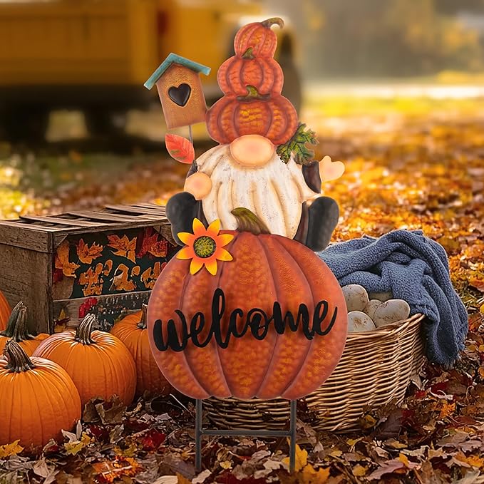 CozyNest Decor Fall gnome pumpkin garden stake with orange autumn design, outdoor welcome sign for yard, patio, and garden decor.