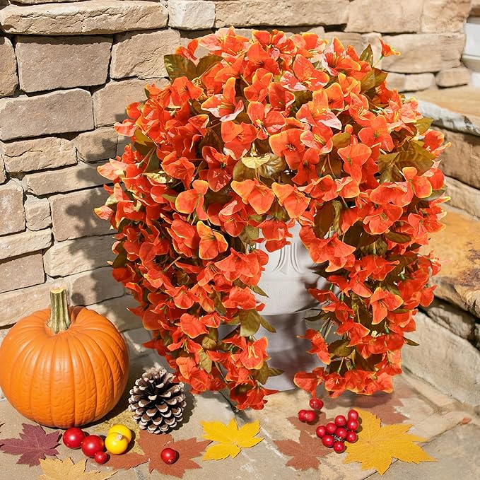 CozyNest Decor artificial bougainvillea flowers in orange, UV resistant silk vines for outdoor fall porch decor, front door, or patio.