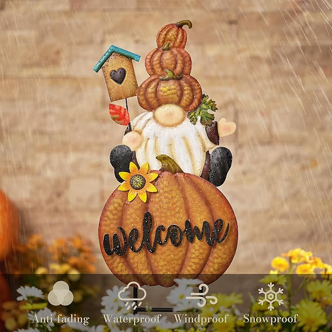 CozyNest Decor fall gnome pumpkin garden stake with orange autumn colors, outdoor metal harvest yard decor for Thanksgiving and fall.