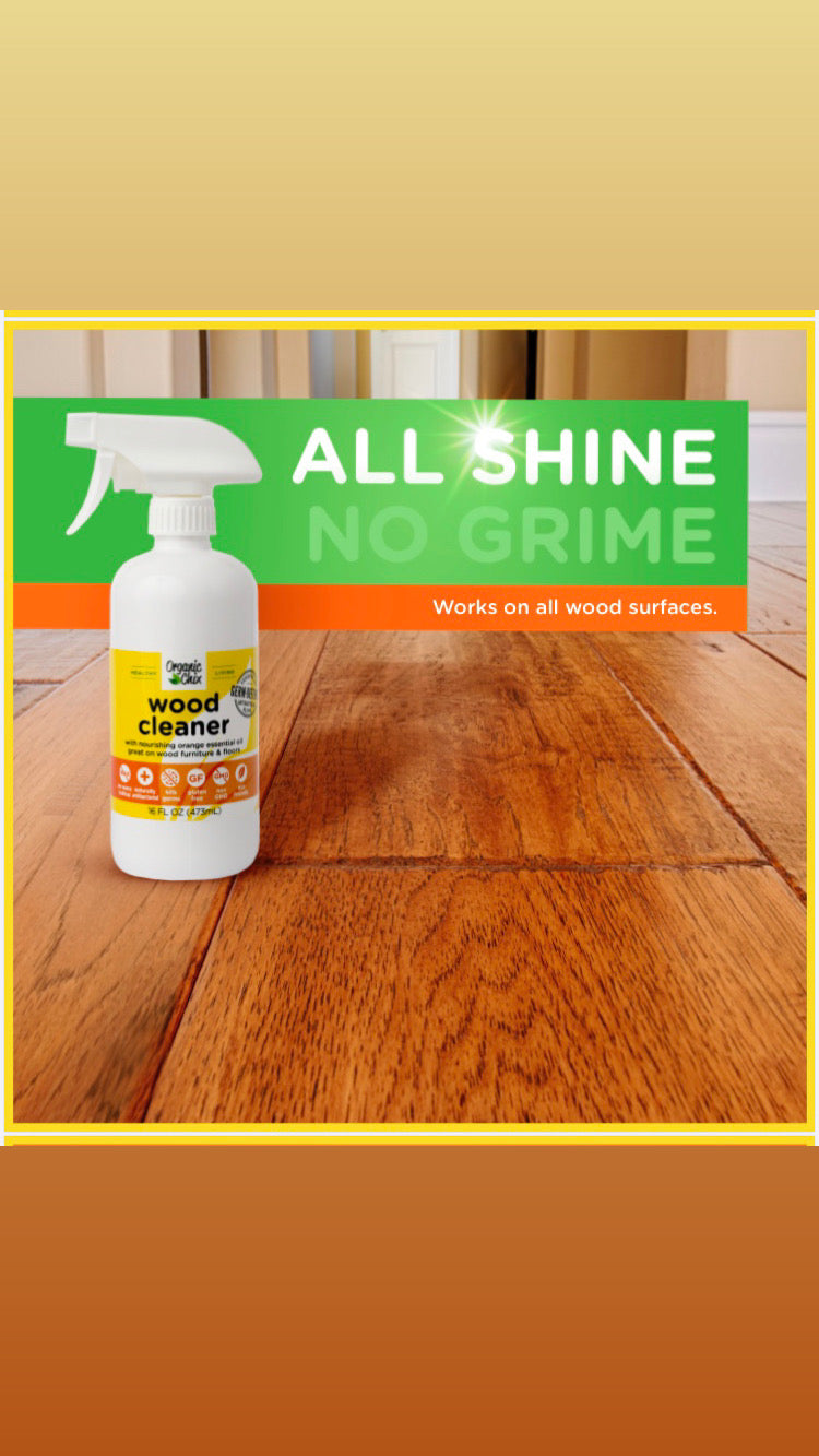Organic Chix natural non-toxic wood cleaner spray for healthy, eco-friendly wood surface cleaning and polishing.