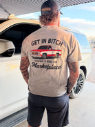 Shop Karma Tees graphic T-shirt featuring bold "Get In B*tch, I found a deal on Marketplace" text on white cotton fabric.