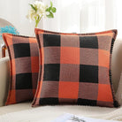 CozyNest Decor fall orange and black buffalo plaid throw pillow covers, 18x18 inches, with stitched edges for autumn farmhouse decor.