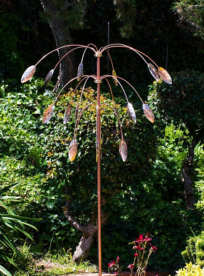 CozyNest Decor Stanwood Wind Sculpture Kinetic Copper Triple Spinner with falling foliage design, outdoor garden wind spinner.