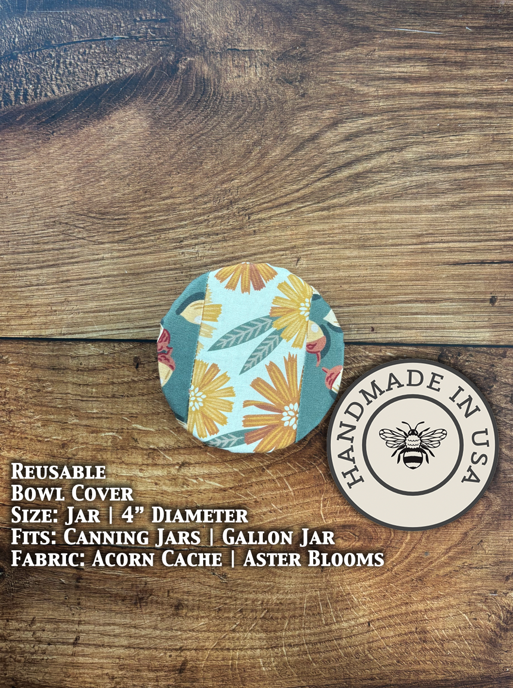 Jar cover featuring acorn and aster blooms from Five Oaks Farm, rustic design for preserving jars.