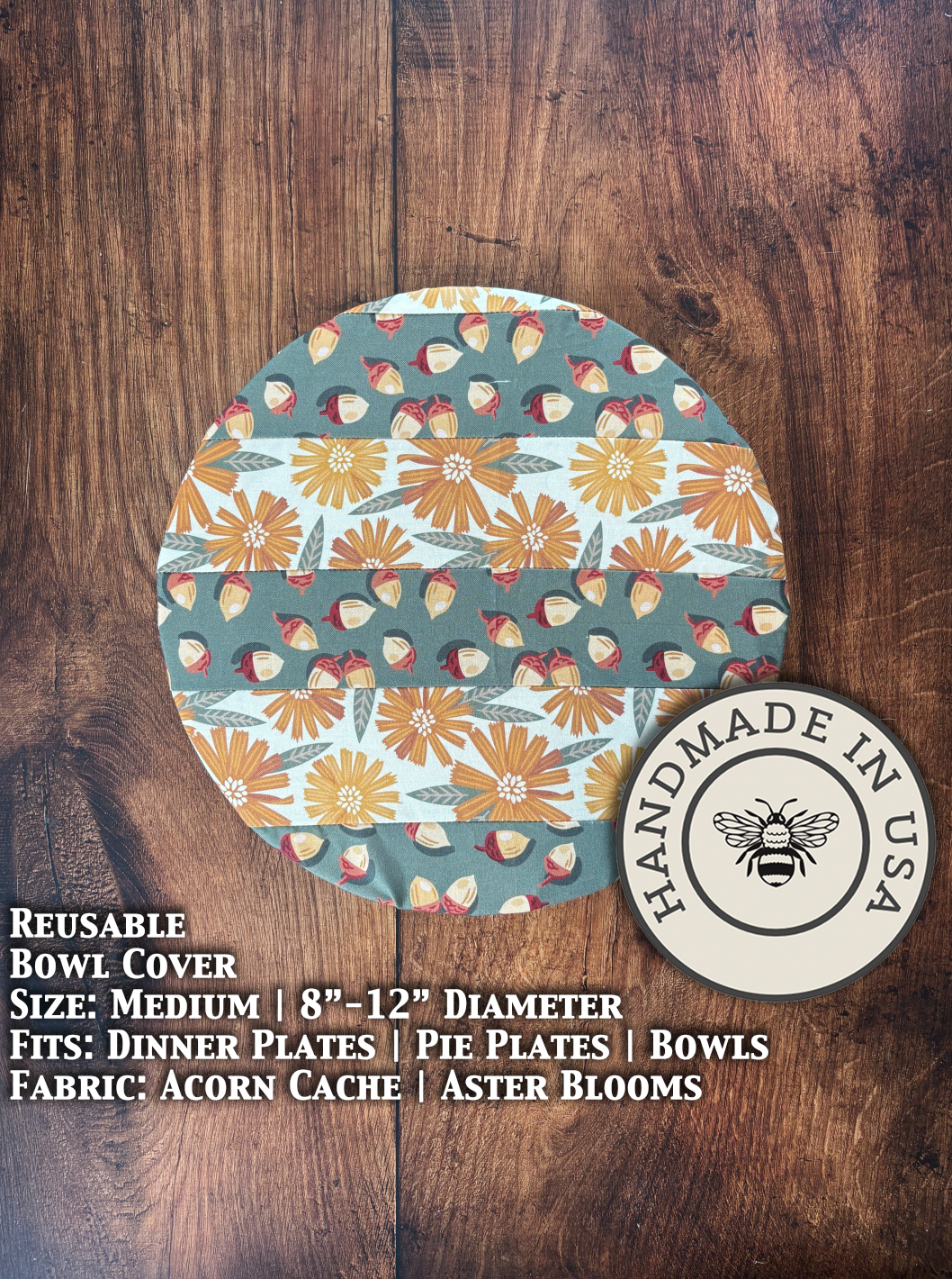 Medium bowl and banneton covers from Five Oaks Farm, featuring acorn and aster bloom designs, for bread baking and proofing.