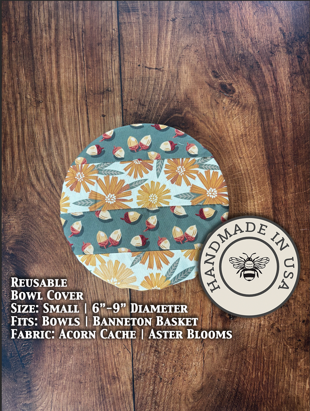 Small bowl and banneton covers from Five Oaks Farm with acorn and aster bloom designs, perfect for bread baking and kitchen decor.