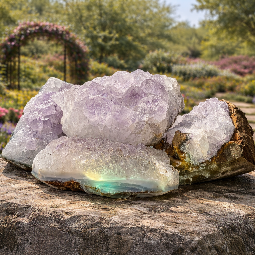 Vibrant purple amethyst cluster with sparkling crystals, showcasing natural gemstone formation from Practical Magic Store.