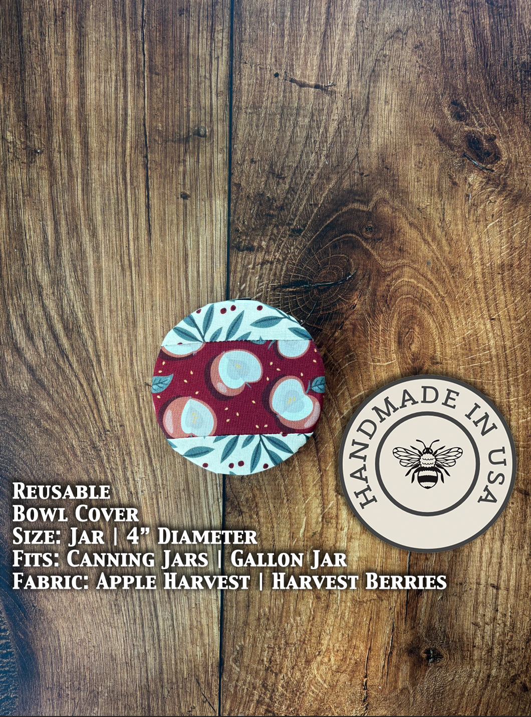 Five Oaks Farm apple harvest jar cover with berries, showcasing rustic design and farm-fresh fruit imagery.