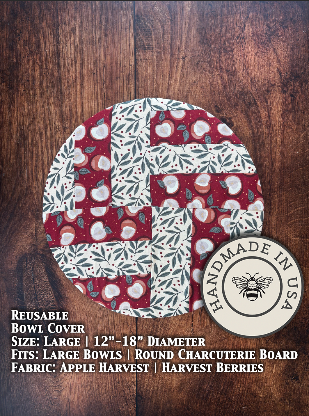 Large farm-style bowl covers from Five Oaks Farm featuring apple and harvest berry designs for kitchen and storage use.