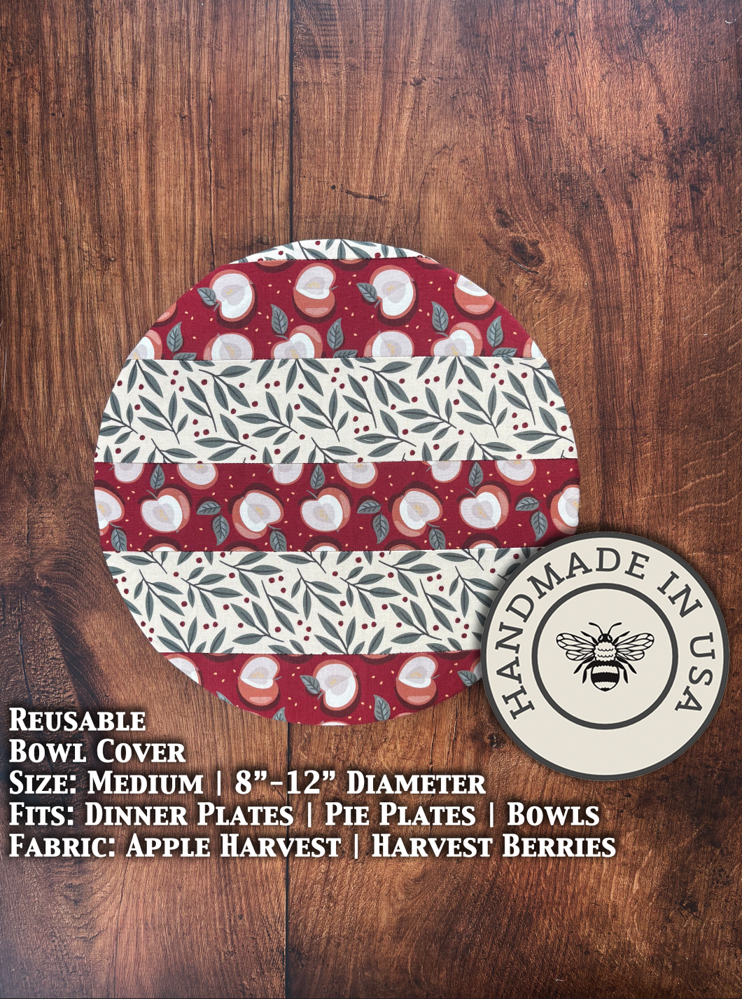 Medium bowl and banneton covers from Five Oaks Farm, with apple harvest and berries design, for bread proofing and kitchen use.