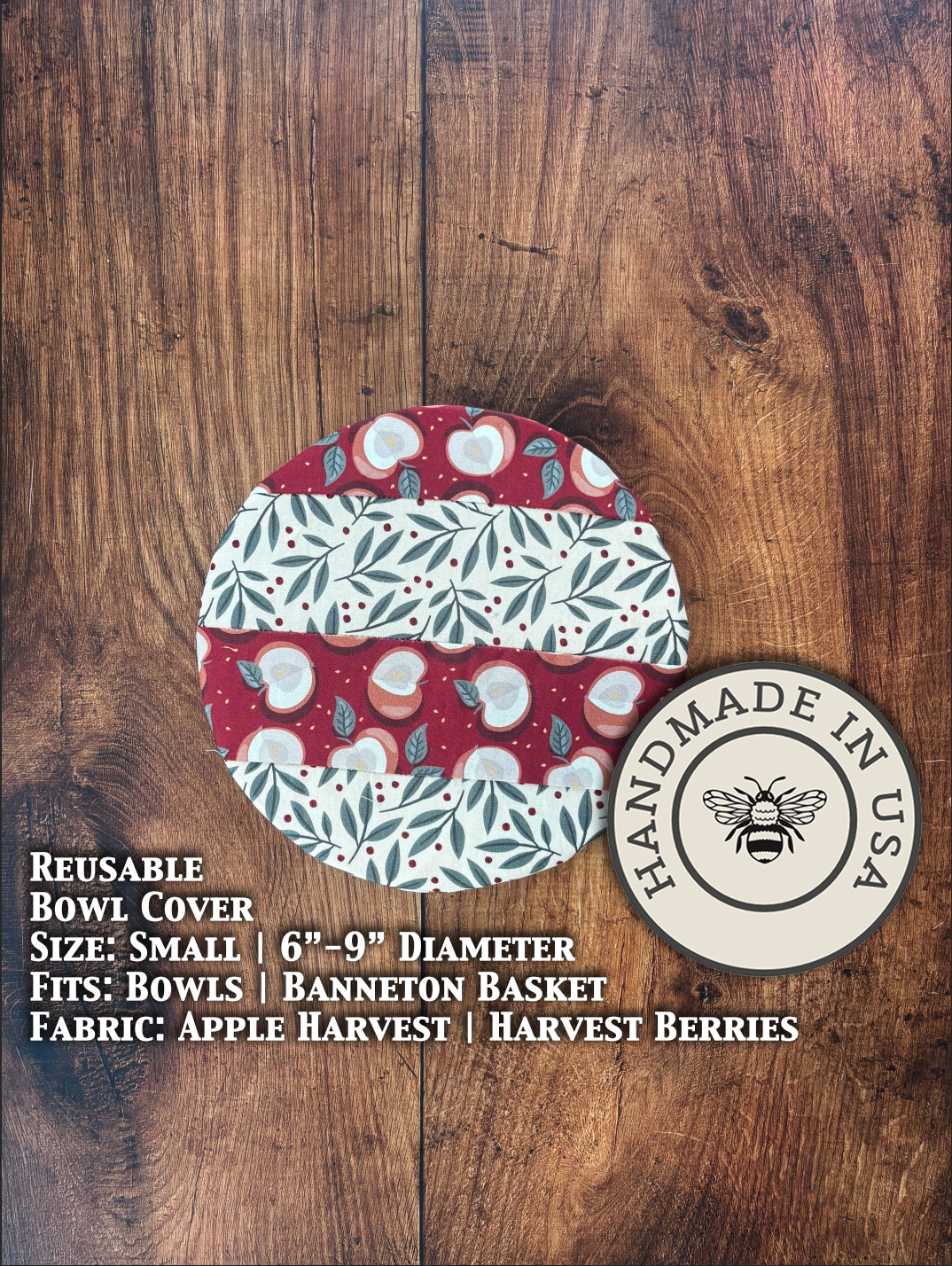 Small bowl and banneton covers from Five Oaks Farm, featuring apple harvest and berry-themed designs, perfect for bread and baking.