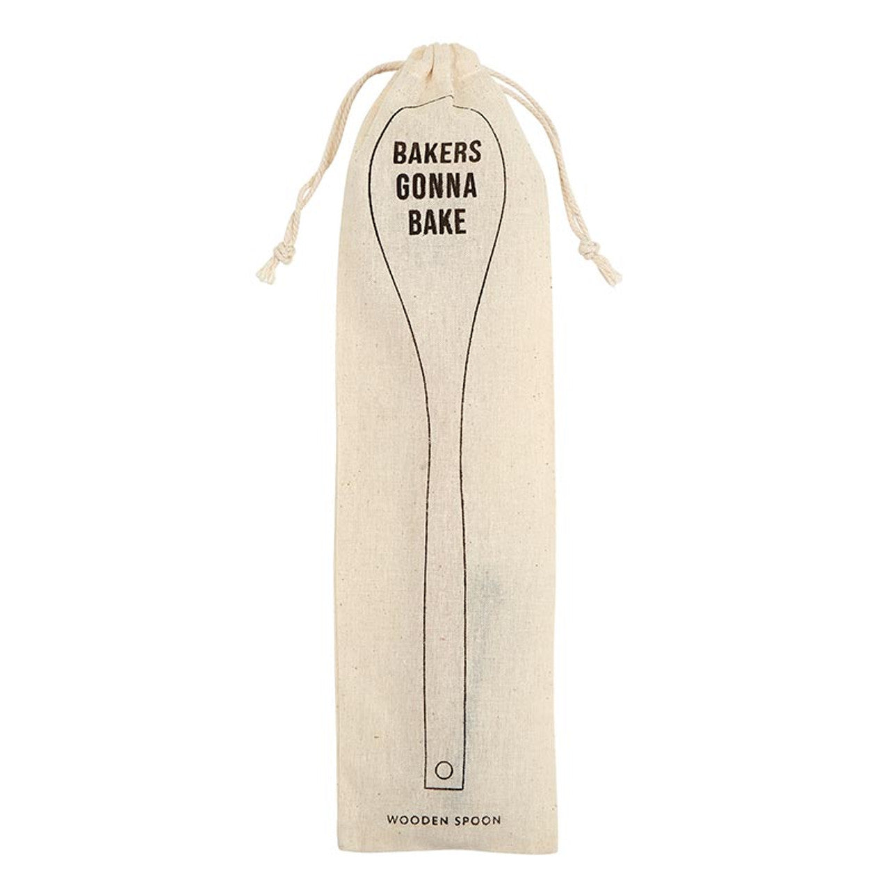 Wooden baking spoon from The Bullish Store in a canvas gift bag, ideal for baking and cooking kitchen utensils.