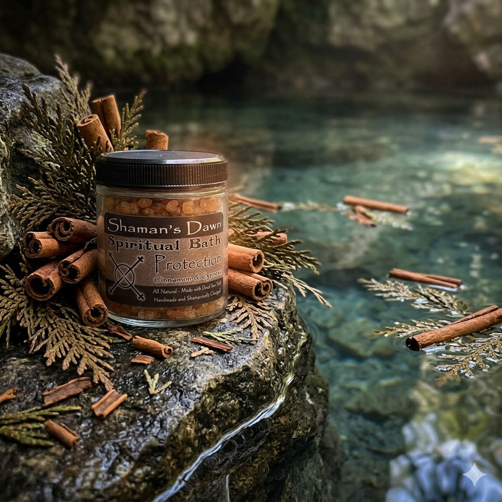 Spiritual protection bath with Dead Sea salt from Shamans Dawn, showing a relaxing bath scene with salts and calming ambiance.