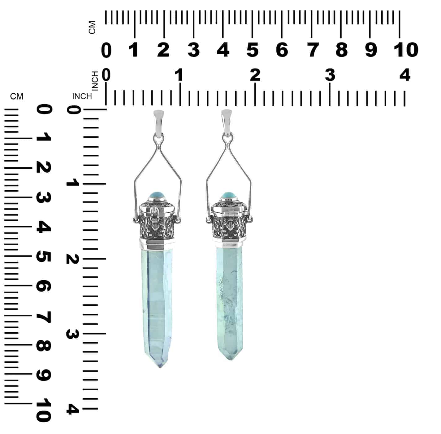 Starborn Aqua Aura crystal pendant in sterling silver, featuring a small, polished pill-shaped design with a silver chain.