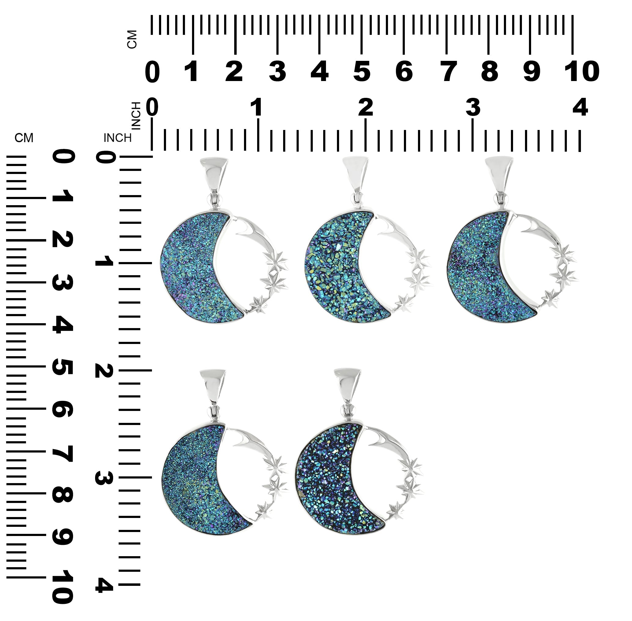 Starborn Quartz Drusy crescent moon pendant in sterling silver with Starborn logo, featuring a sparkling drusy surface and elegant design.