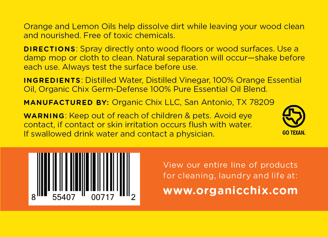 Organic Chix Natural Non-Toxic Wood Cleaner refill bottle, healthy cleaning product for wood surfaces in a 96oz container.