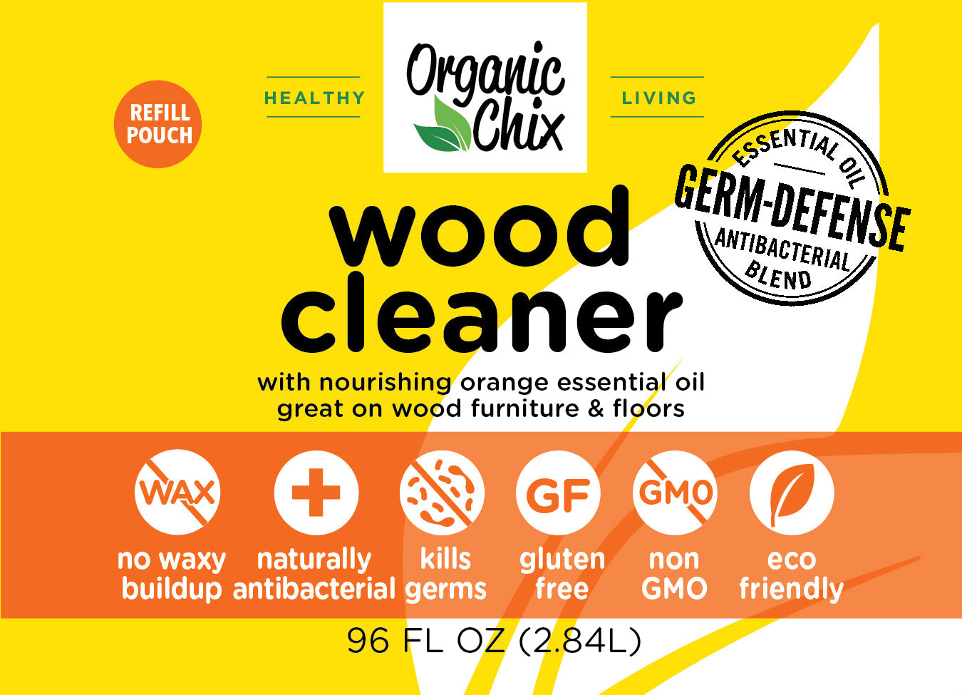 Organic Chix Natural Non-Toxic Wood Cleaner bottle, 96oz refill for healthy, eco-friendly wood surface cleaning.