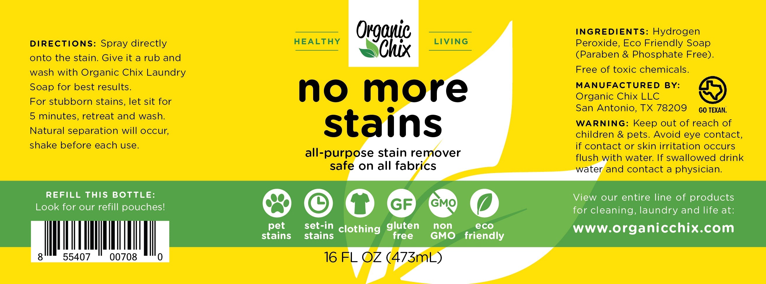 Organic Chix Natural Non-Toxic Stain Remover for healthy laundry, showing a 16oz bottle with stain removal label.