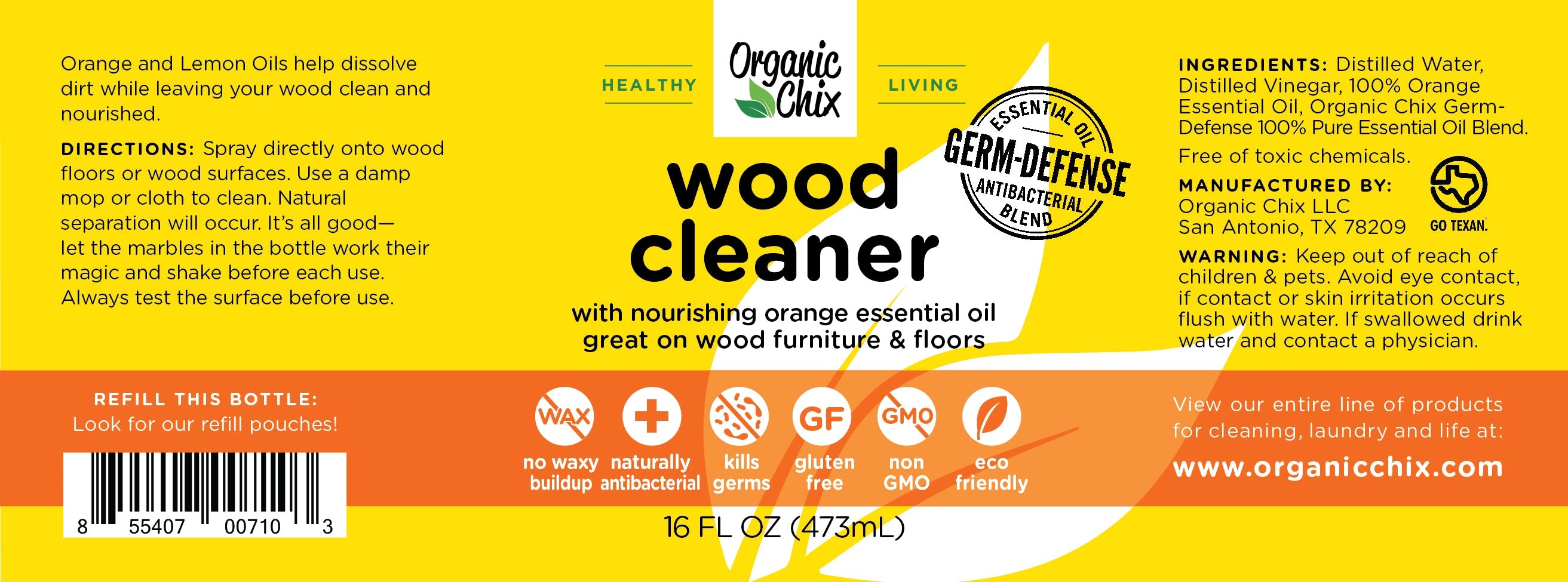 Organic Chix Natural Non-Toxic Wood Cleaner in a clear 16oz spray bottle, suitable for healthy cleaning of wood surfaces.