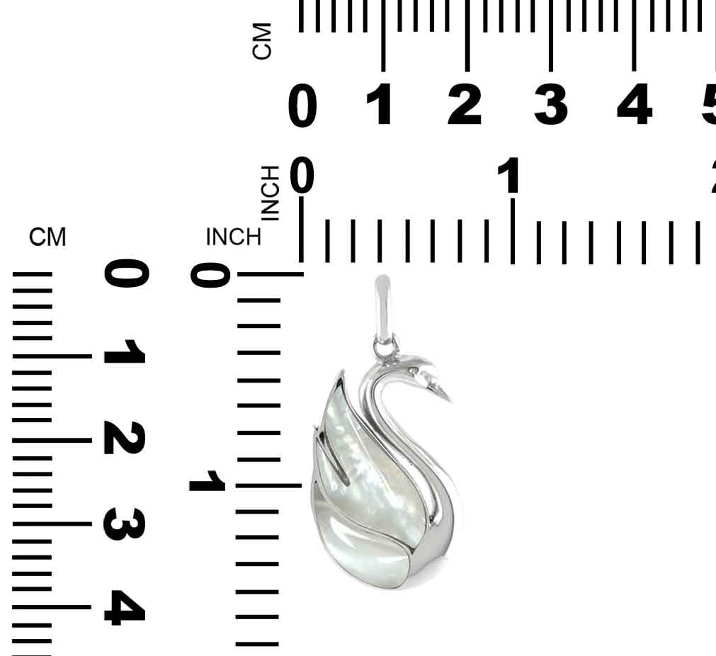 Starborn Mother of Pearl Swan pendant in sterling silver, showcasing a detailed, elegant jewelry piece with a polished finish.