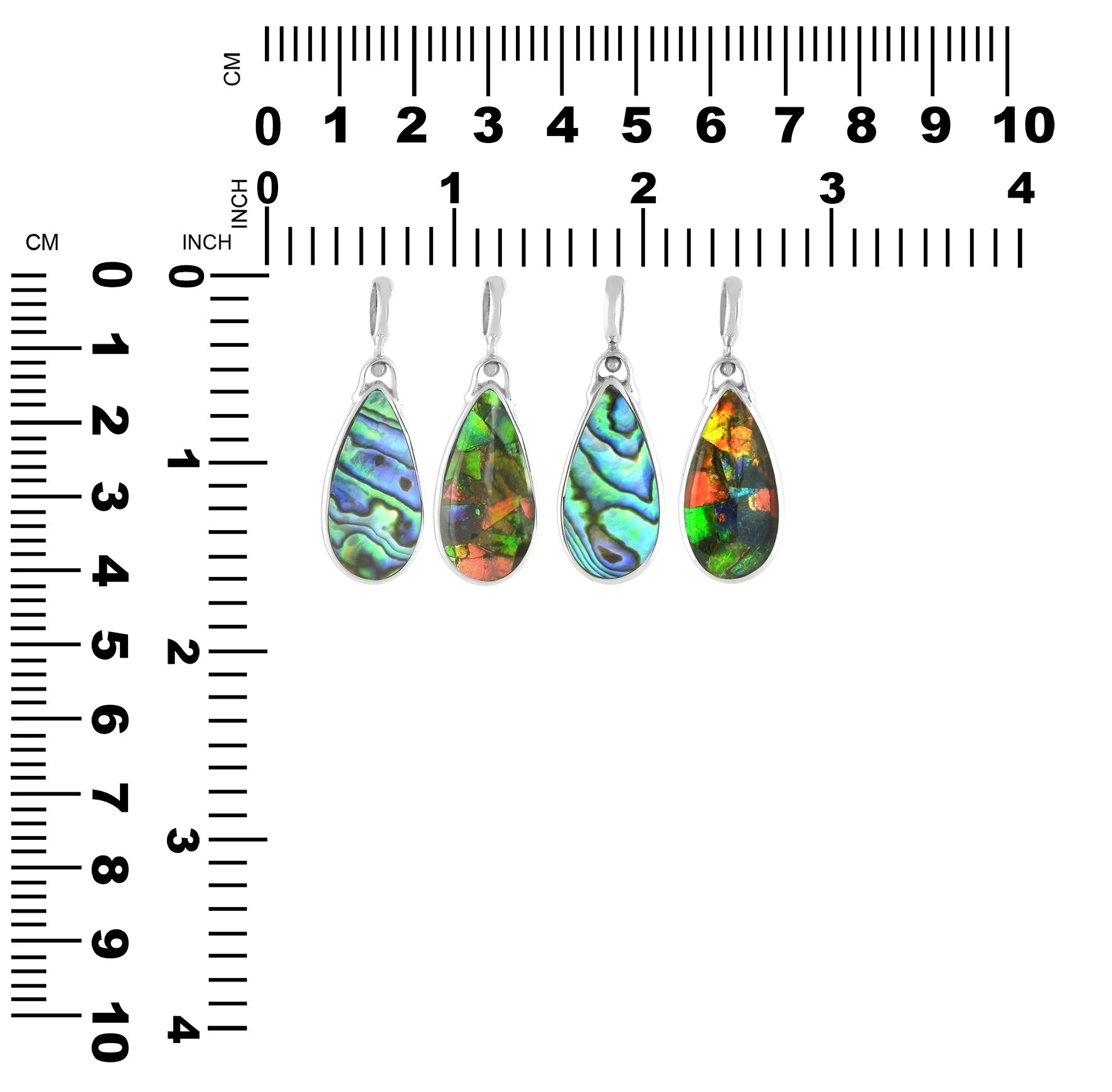 Reversible Starborn Creations Pearl Ammolite and Abalone pendant in sterling silver showing both sides with vibrant colors.