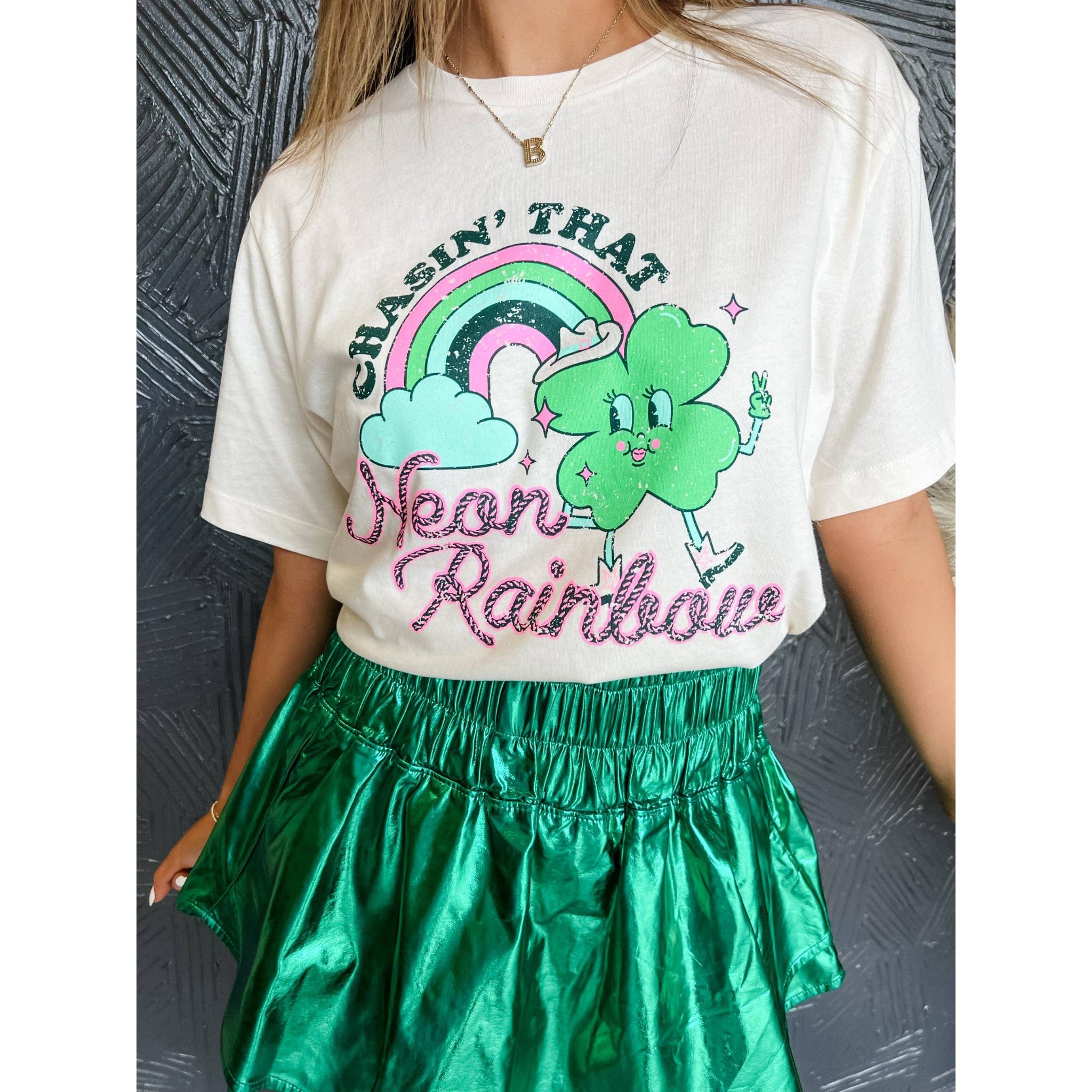 Colorful neon rainbow shirt from The Bullish Store, casual apparel in sizes SM to 2XL, featuring bold rainbow design.