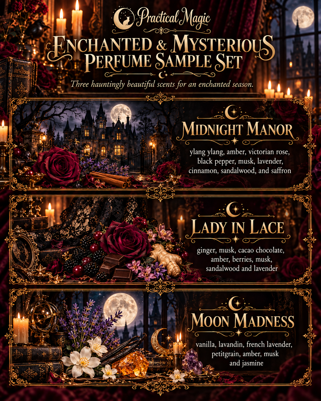 Seasonal sampler perfume oil by Practical Magic Store, 10ml roll-on with sweet floral musk scent, vegan, alcohol-free, long-lasting fragrance.